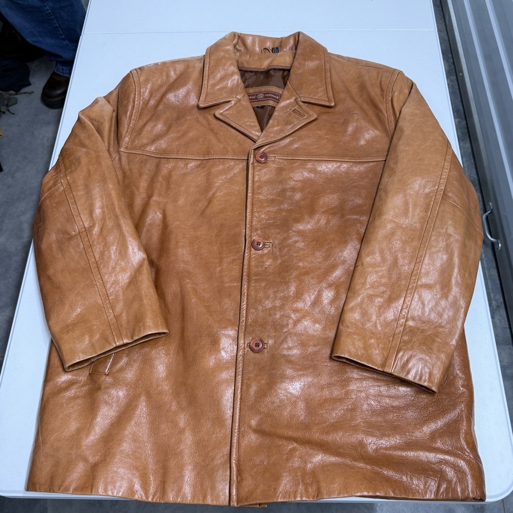 Fossil Vintage Leather Car Coat Mens L Tan Good Button Front Mid Length Jacket